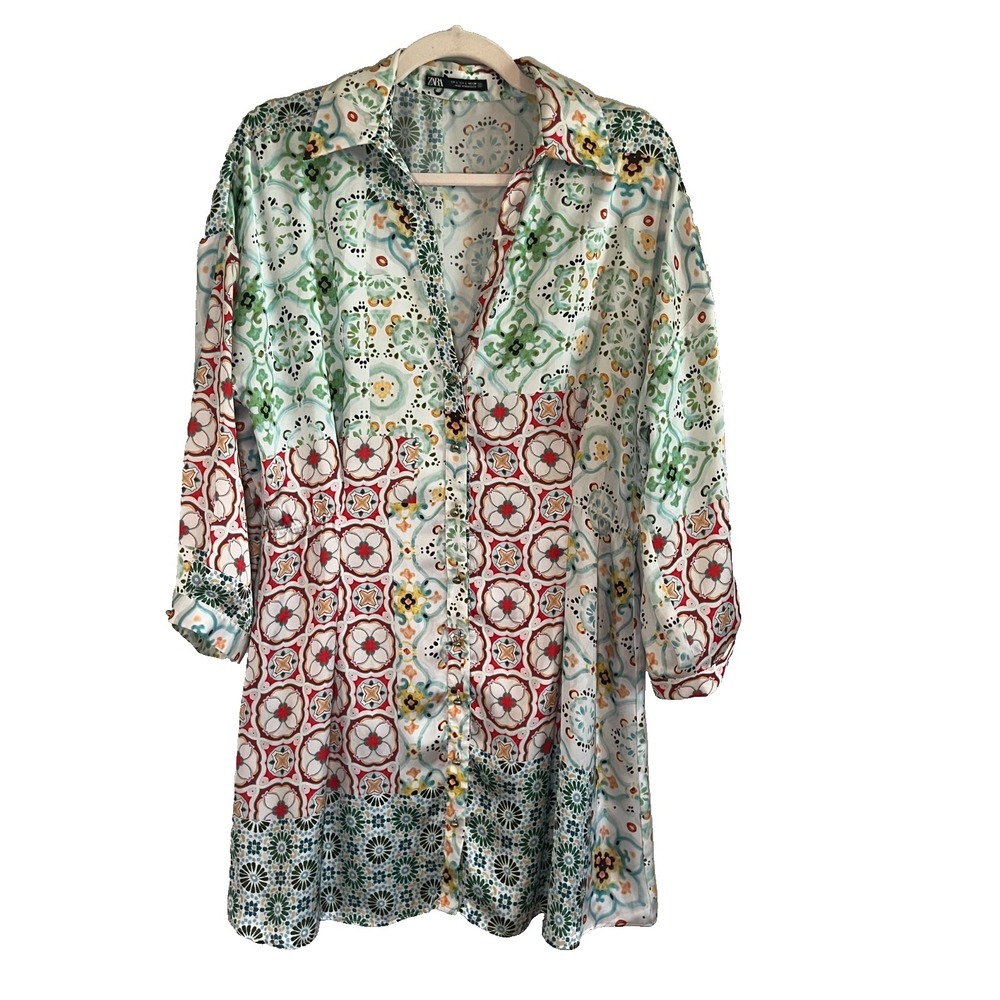 Colorful Patchwork Floral Shirt Dress L Boho Indie Western Preppy Tropical Chic